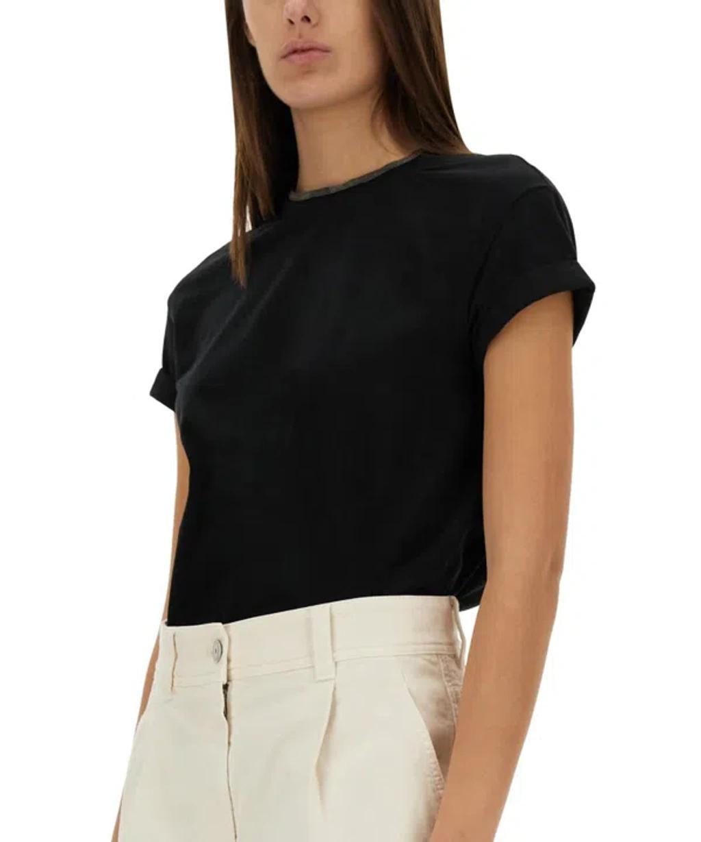 BRUNELLO CUCINELLI Women Stretch Cotton Jersey T-shirt With Precious Faux-layering In Black Product Image