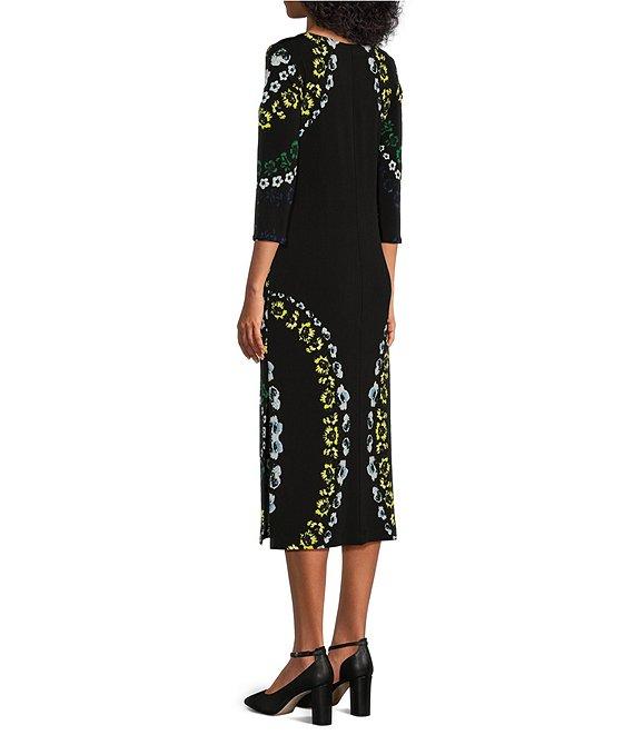 Eva Varro Knit Jersey Floral Pattern Crew Neck 3/4 Sleeve Side Slit Midi Dress Product Image