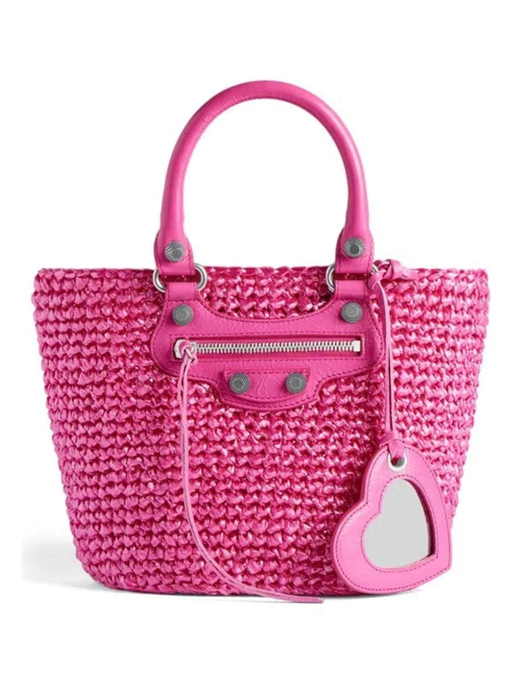 BALENCIAGA Women Fuchsia Raffia Small Le Cagole Panier Handbag In Pink Product Image