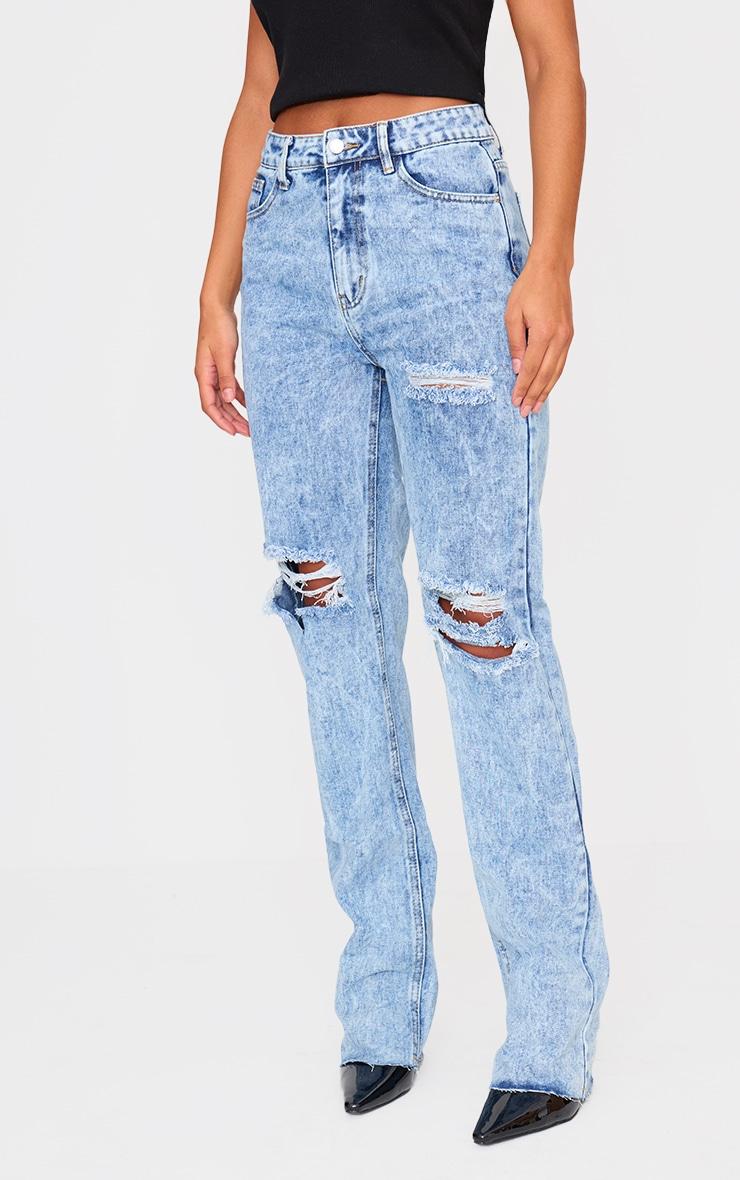 PRETTYLITTLETHING Acid Wash Ripped Long Leg Straight Jeans Product Image
