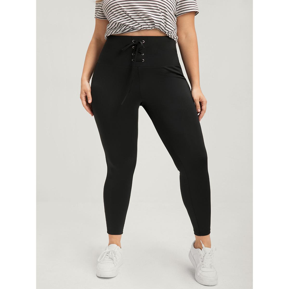 Plus Size Plain Wideband Waist Lace Up Skinny Leggings Women Black Casual High stretch Skinny High Rise Dailywear Leggings BloomChic 14-16/1X Product Image