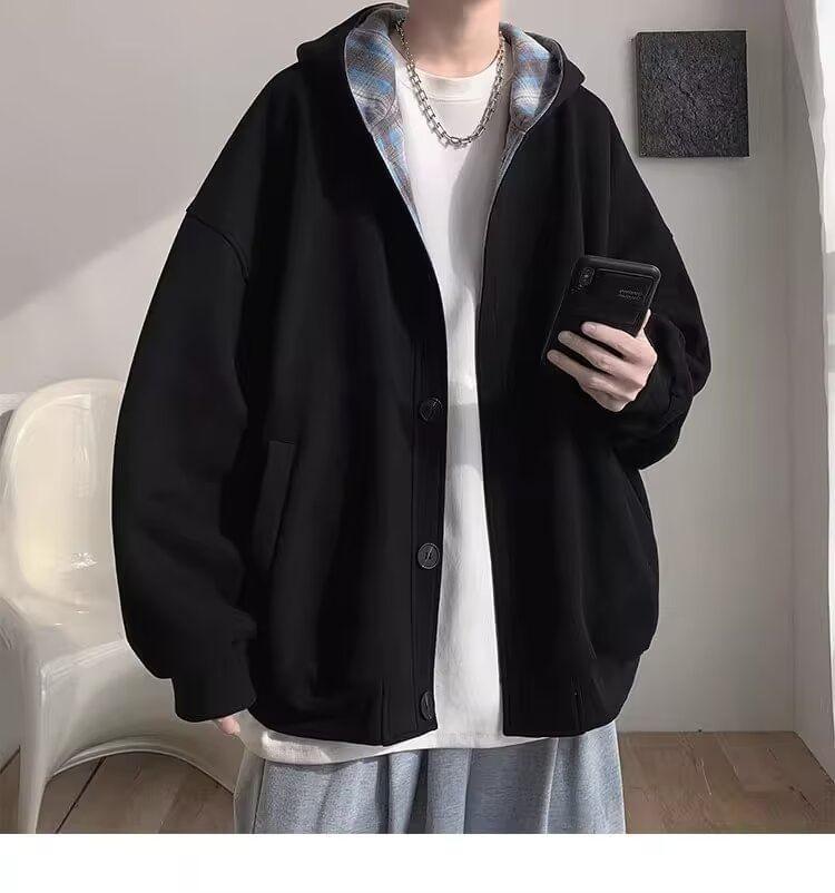 Hooded Plain Zip Button Jacket Product Image