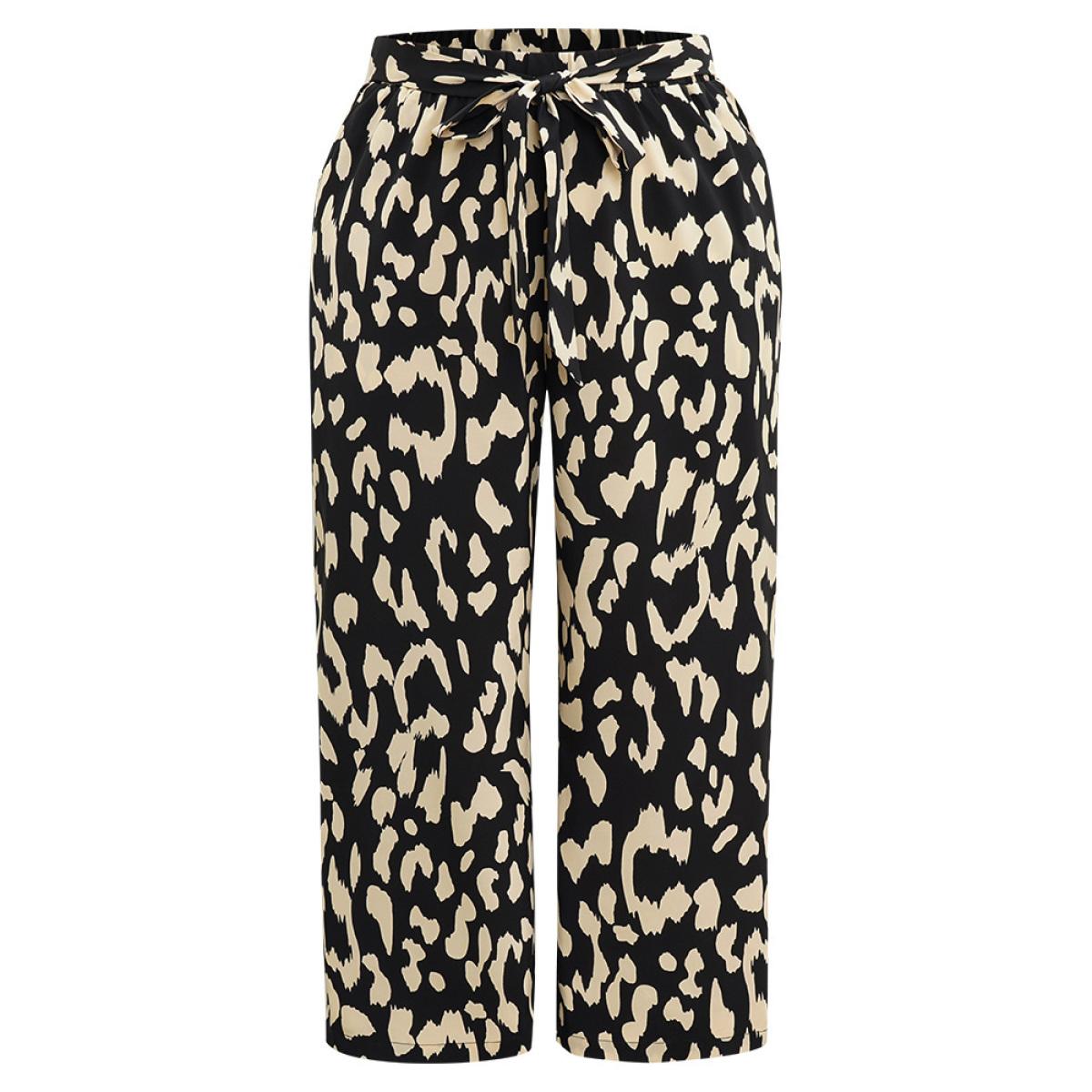 Plus Size Leopard Elastic Waist Ties Wide Leg Pants Women Black Casual Wide Leg High Rise Dailywear Pants BloomChic 28/5X Product Image