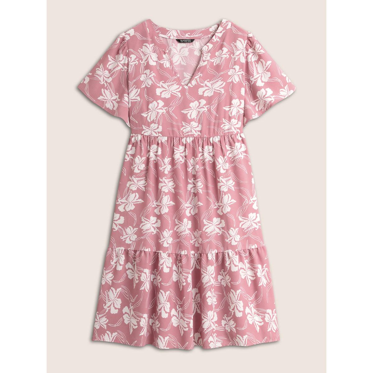 Plus Size Silhouette Floral Print Notched Collar Pleated Dress Crepe Women Elegant Non Notched collar Short sleeve Curvy Midi Dress BloomChic 14-16/1X Product Image