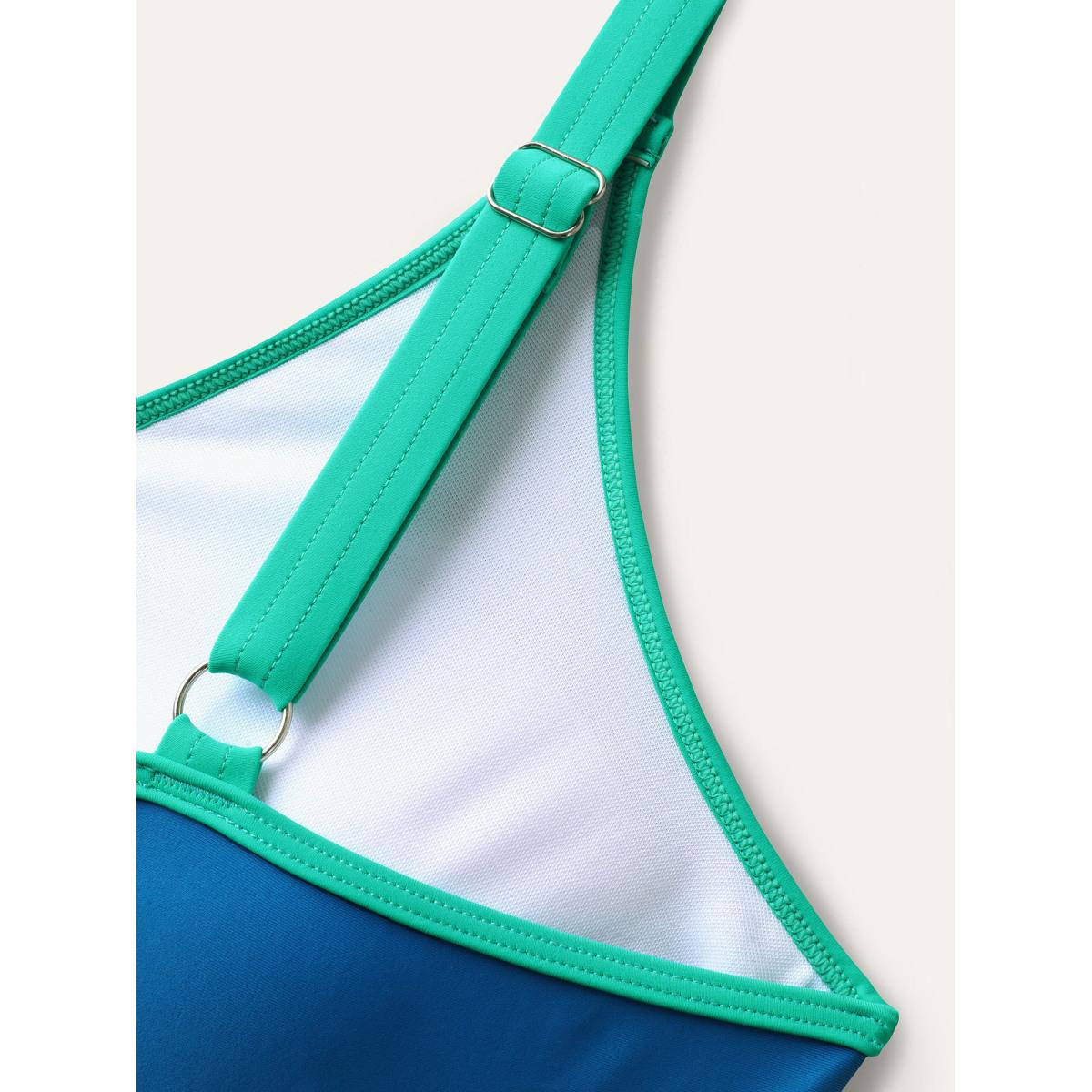 Plus Size Color Contrast V-Neck Swim Top Women's Swimwear Cerulean Resort Contrast High stretch Skinny U-neck Curve Swim Tops BloomChic 26/4X Product Image