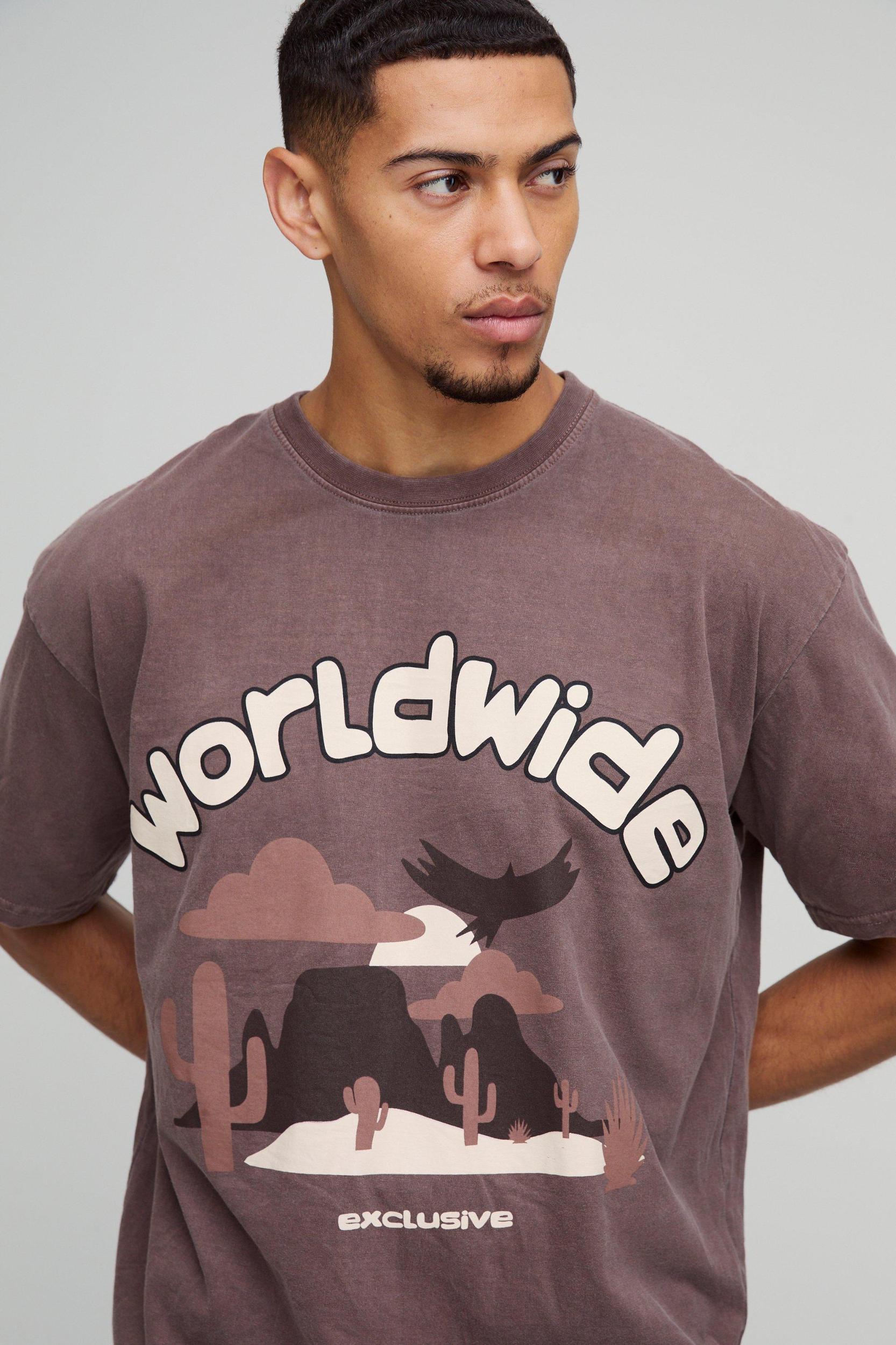 Oversized Tonal Worldwide Western Washed Graphic T-Shirt | boohooMAN USA Product Image