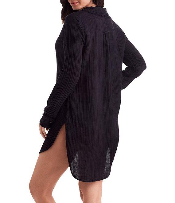 Mimi Flamingo Bliss Gauze Laguna Solid Point Collar Roll-Tab Sleeves Button Front Swim Cover-Up Shirt Product Image