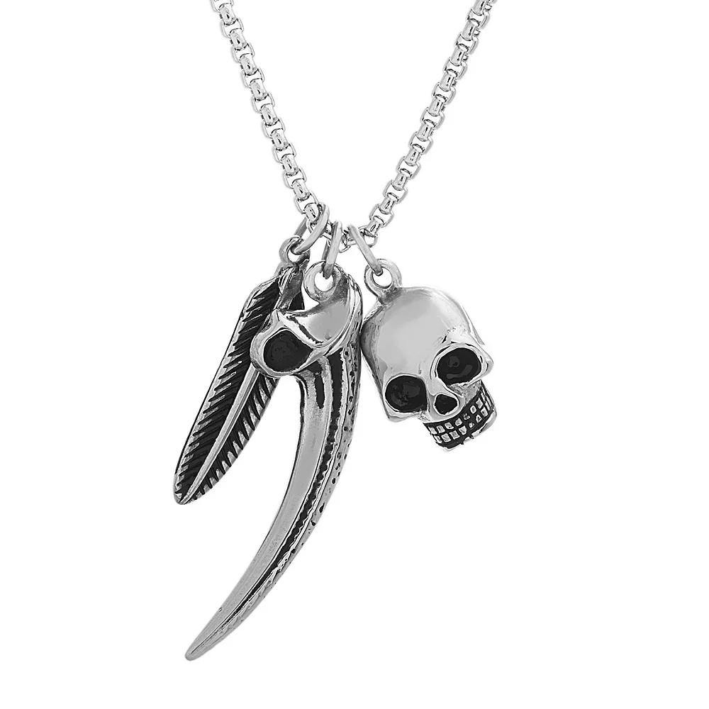 Men's Oxidized Stainless Steel Feather, Horn & Skull Necklace, Size: 24" Product Image