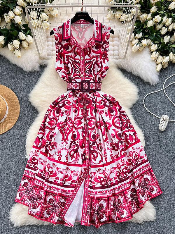 Sleeveless Belt Buckle Buttoned Contrast Color Floral Printed Midi Dresses Product Image