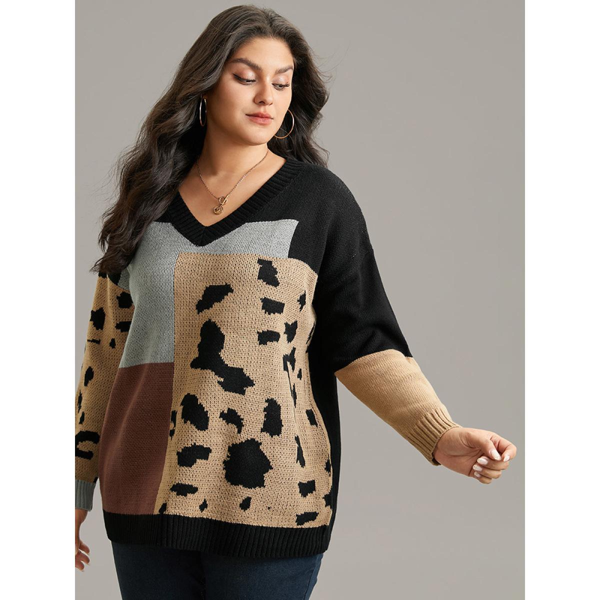 Plus Size Leopard Colorblock Contrast Pullover Black Women Casual Loose Long Sleeve V-neck Everyday Pullovers BloomChic 18-20/2X Product Image