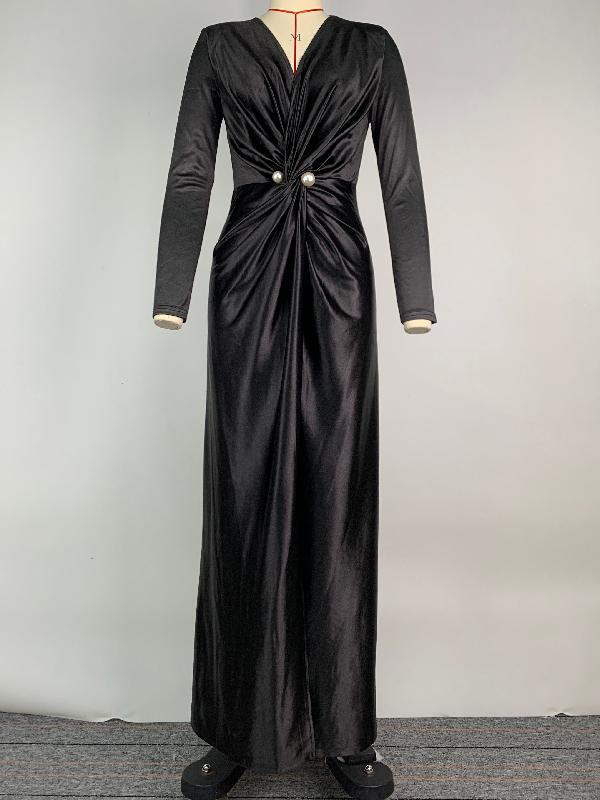 Solid Color Bodycon Long Sleeves Pleated  Split-Front Tied Waist Deep V-Neck Maxi Dresses Product Image