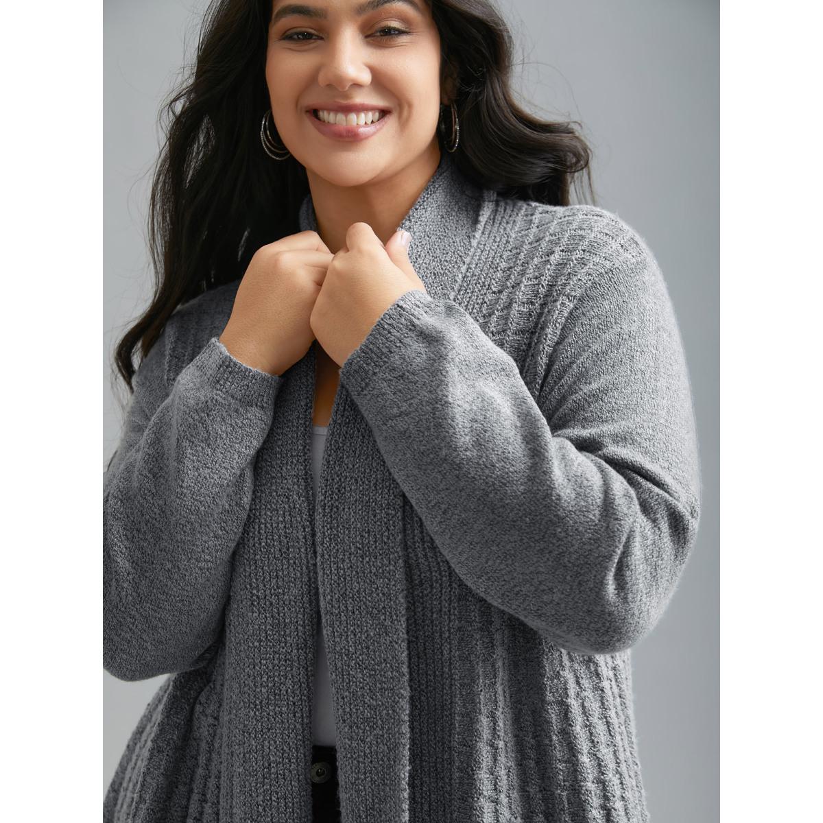 Plus Size Folded Kimono Collar Plain Plisse Cardigan DarkGray Women Casual Loose Long Sleeve Everyday Cardigans BloomChic 10/M Product Image