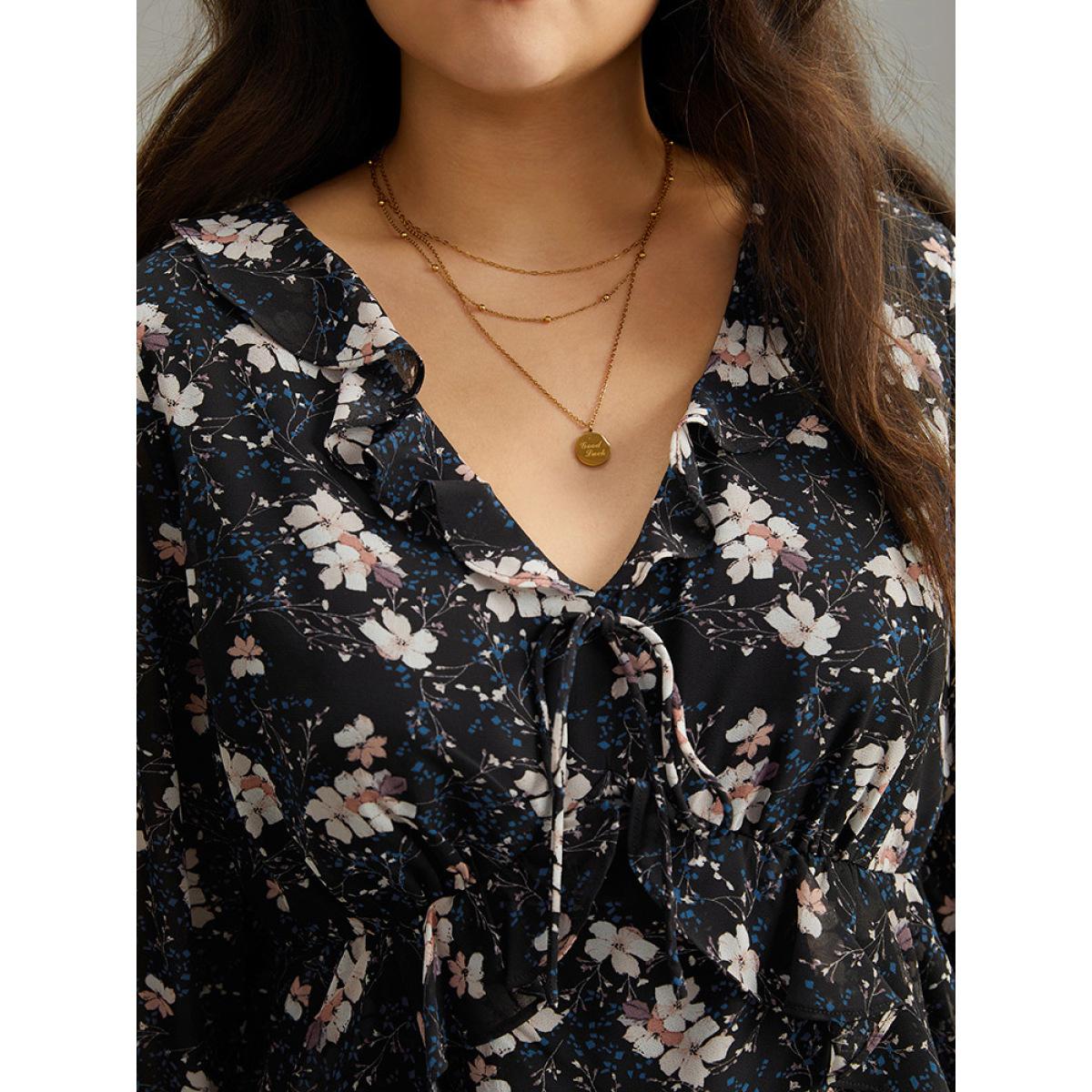 Plus Size BlackFlower Ditsy Floral Ties Ruffles Elastic Waist Blouse Women Elegant Long Sleeve V-neck Dailywear Blouses BloomChic 28/5X Product Image