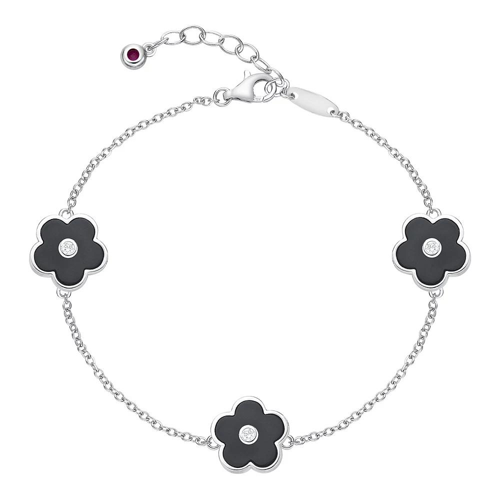 Gemminded Sterling Silver Black Onyx & Cubic Zirconia Flower Pendants Bracelet, Women's, Size: 8" Product Image