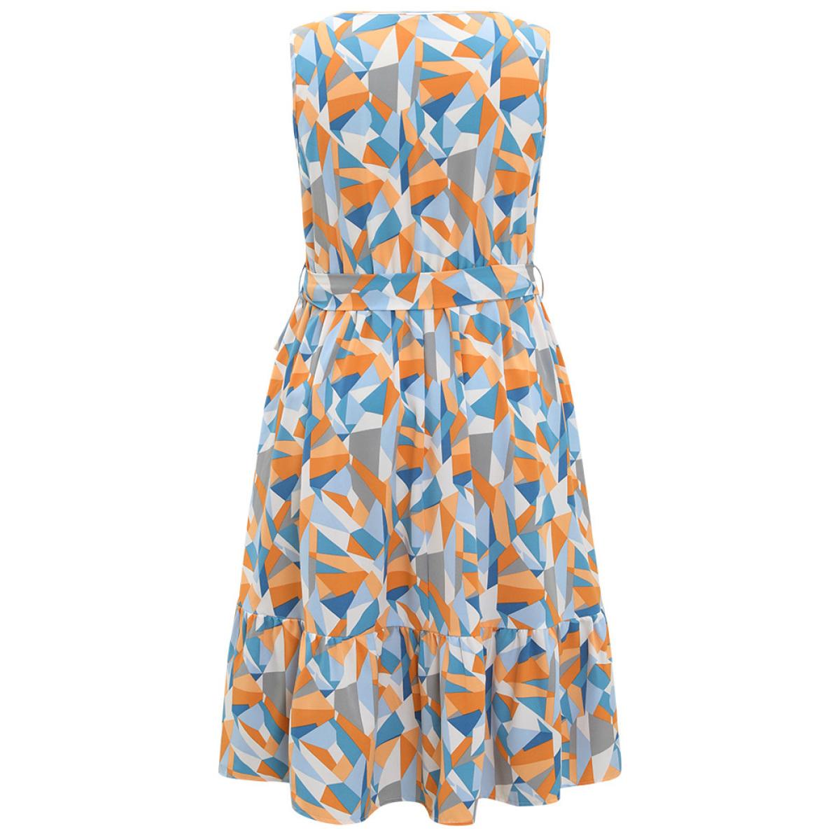 Plus Size Geometric Belt Ruffle Hem Pocket Button Detail Tank Dress Multicolor Women Elegant Contrast Round Neck Sleeveless Curvy Knee Dress BloomChic 26/4X Product Image