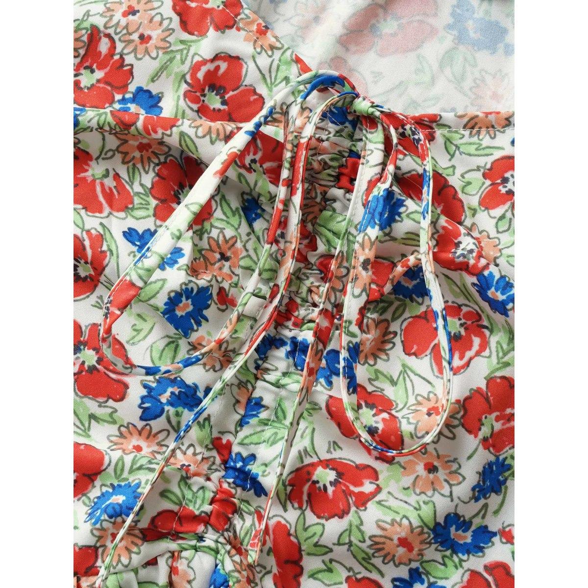 Plus Size Heart Neckline Ditsy Floral Tie Knot Drawstring Dress Multicolor Women Elegant Tie knot Heart neckline Short sleeve Curvy BloomChic 18-20/2X Product Image