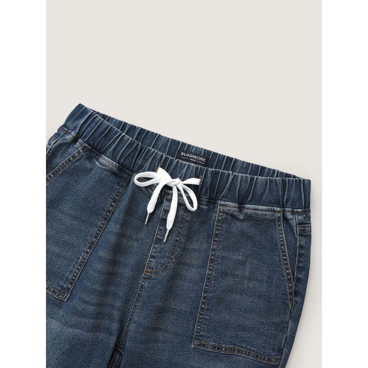 Plus Size Drawstring Elastic Waist Roll Hem Jeans Women DarkBlue Leisure Plain Drawstring High stretch Slanted pocket Jeans BloomChic 20/2X Product Image