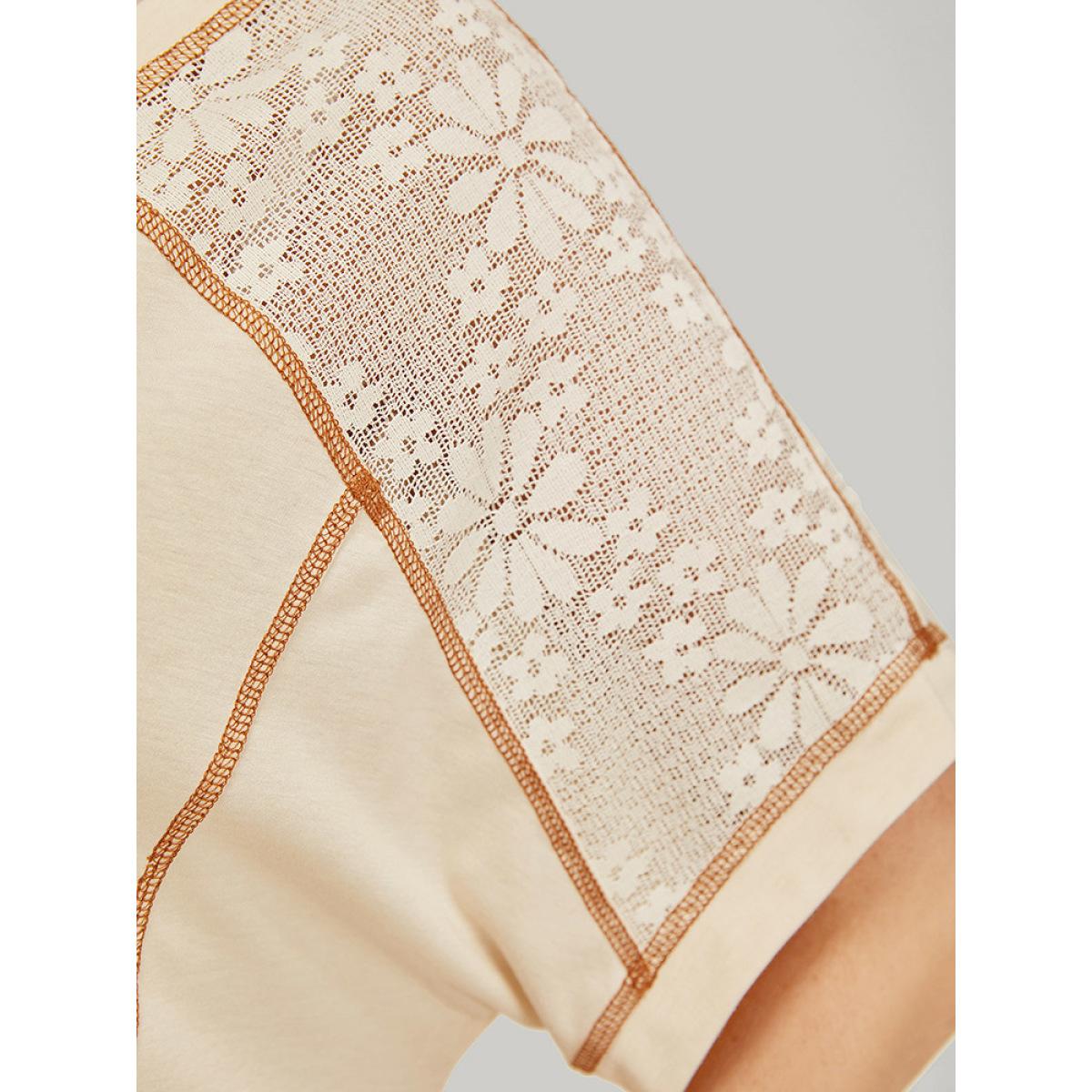 Plus Size Floral Lace Insert Stitch Trim T-shirt Beige Women Elegant Plain V-neck Dailywear T-shirts BloomChic 28/5X Product Image
