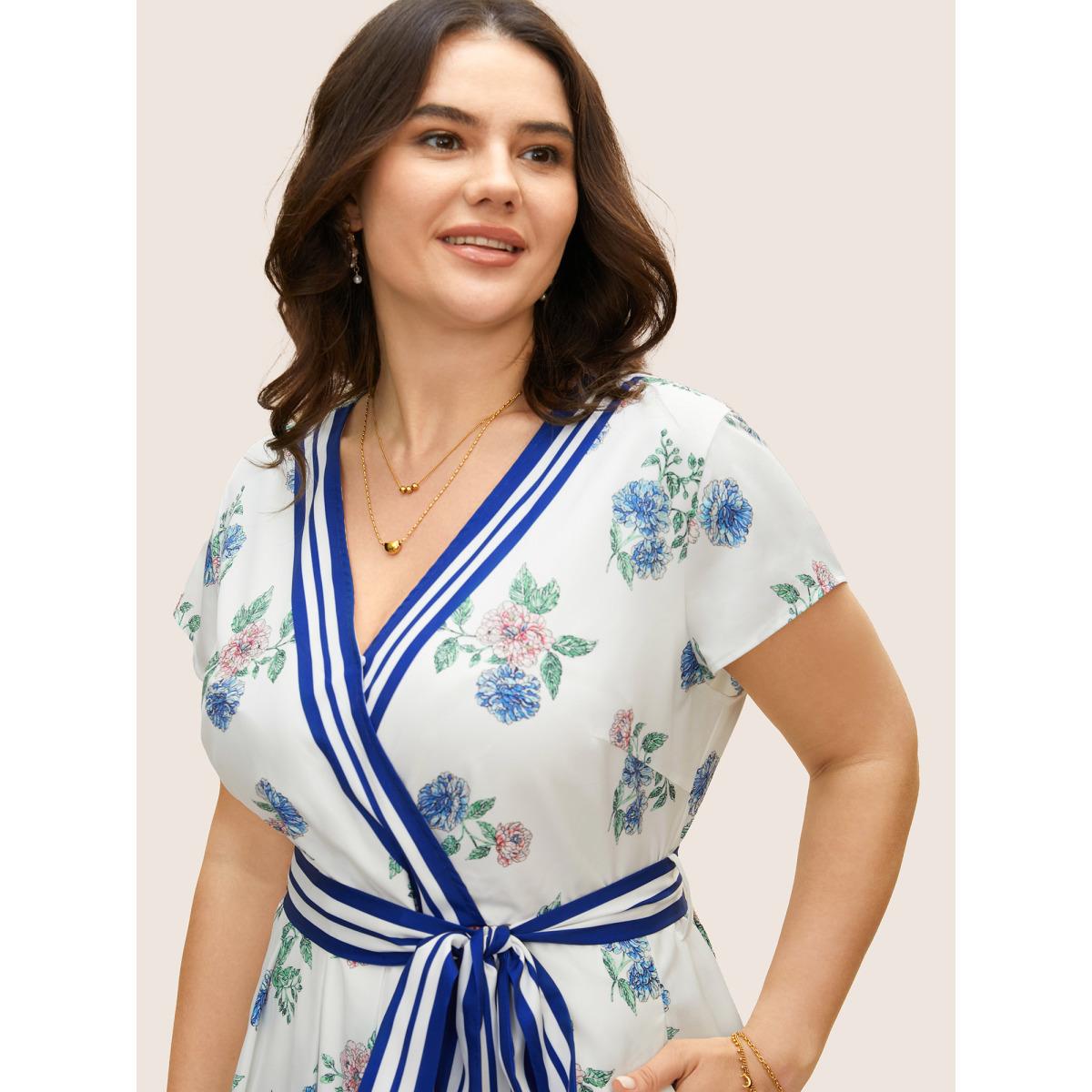 Plus Size Floral Patchwork Striped Wrap Cap Sleeve Dress Mediumblue Women Elegant Belted V-neck Cap Sleeve Curvy BloomChic 14-16/1X Product Image