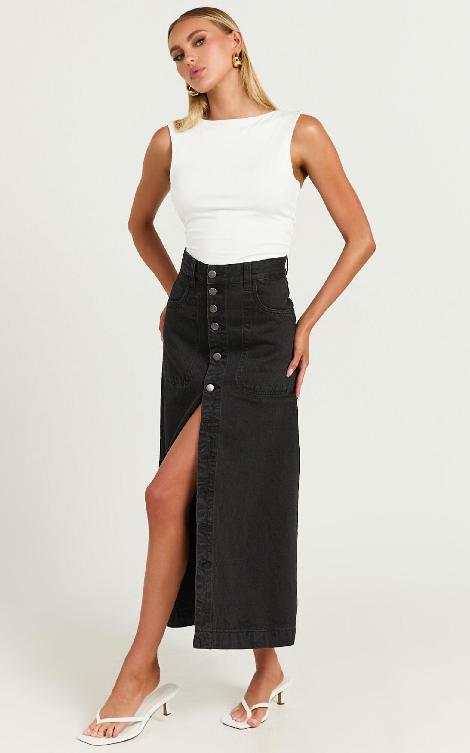 Alisa Midi Skirt - Button Through A Line Denim in Black Wash Product Image