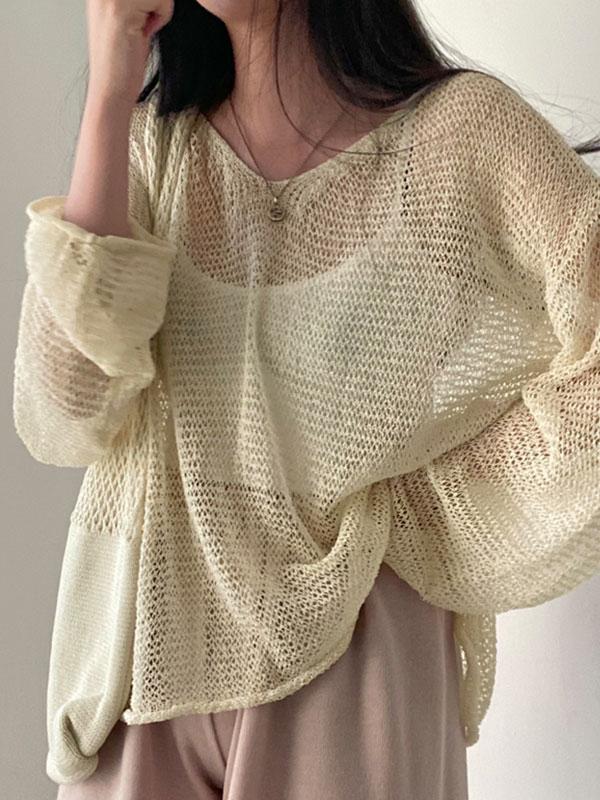 Oversized Long Sleeve Crochet Knit Top Product Image