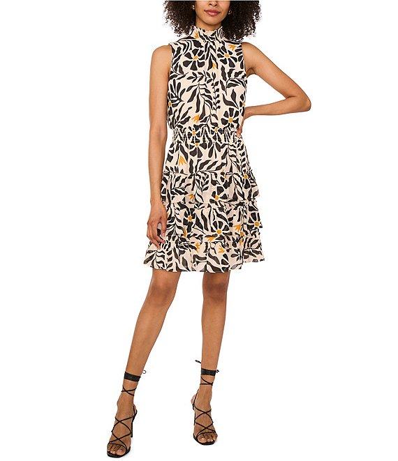 1. STATE Woven Sunflower Print Mock Neck Sleeveless Ruffle Tiered Dress Product Image