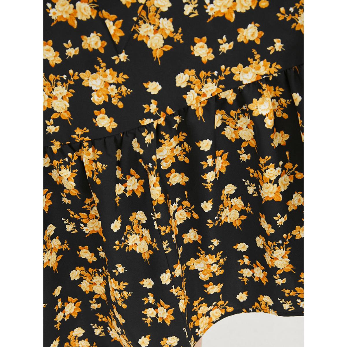 Plus Size Floral Printed Pocket Lantern Sleeve Belted Wrap Midi Dress Black Women Elegant V-neck Long Sleeve Curvy Midi Dress BloomChic 30/6X Product Image