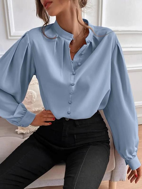 Loose Puff Sleeves Pleated Solid Color Split-Joint Stand Collar Blouses Product Image