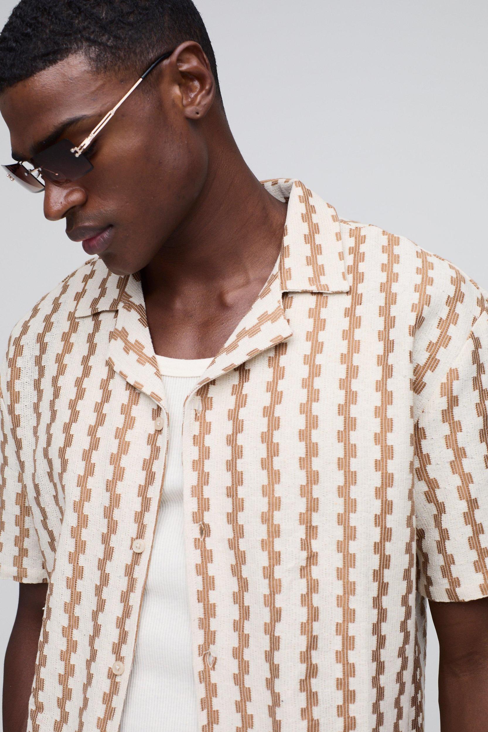 Regular Revere Textured Open Weave Stripe Shirt | boohooMAN USA Product Image