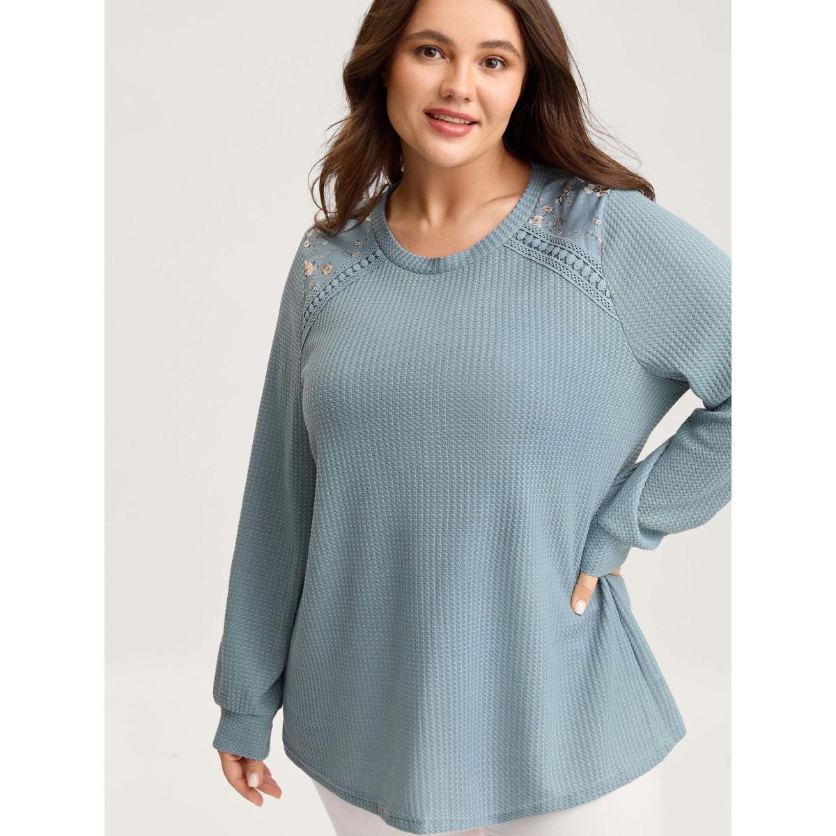 Plus Size Waffle Spliced Floral Lace Sweatshirt Women Stone Leisure Round Neck Casual Sweatshirts BloomChic 18-20/2X Product Image