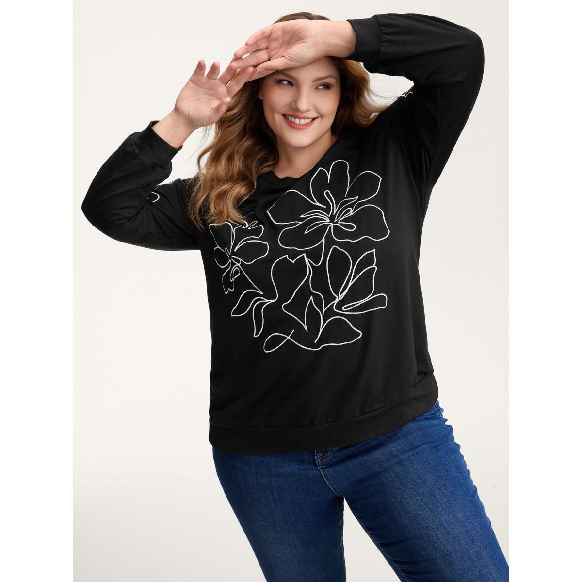 Plus Size Floral Embroidery Relaxed Fit Sweatshirt Women Black Leisure Round Neck Casual Sweatshirts BloomChic 22-24/3X Product Image