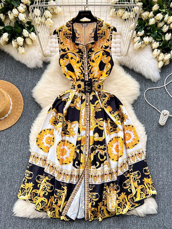 Sleeveless Belt Buckle Buttoned Contrast Color Floral Printed Midi Dresses Product Image