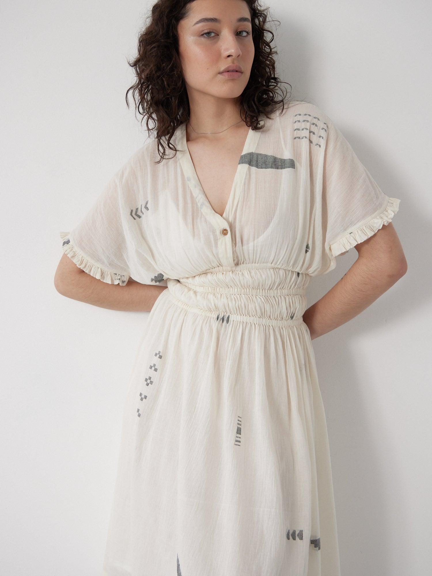 Elasticated Waist Ivory Midi Dress Product Image