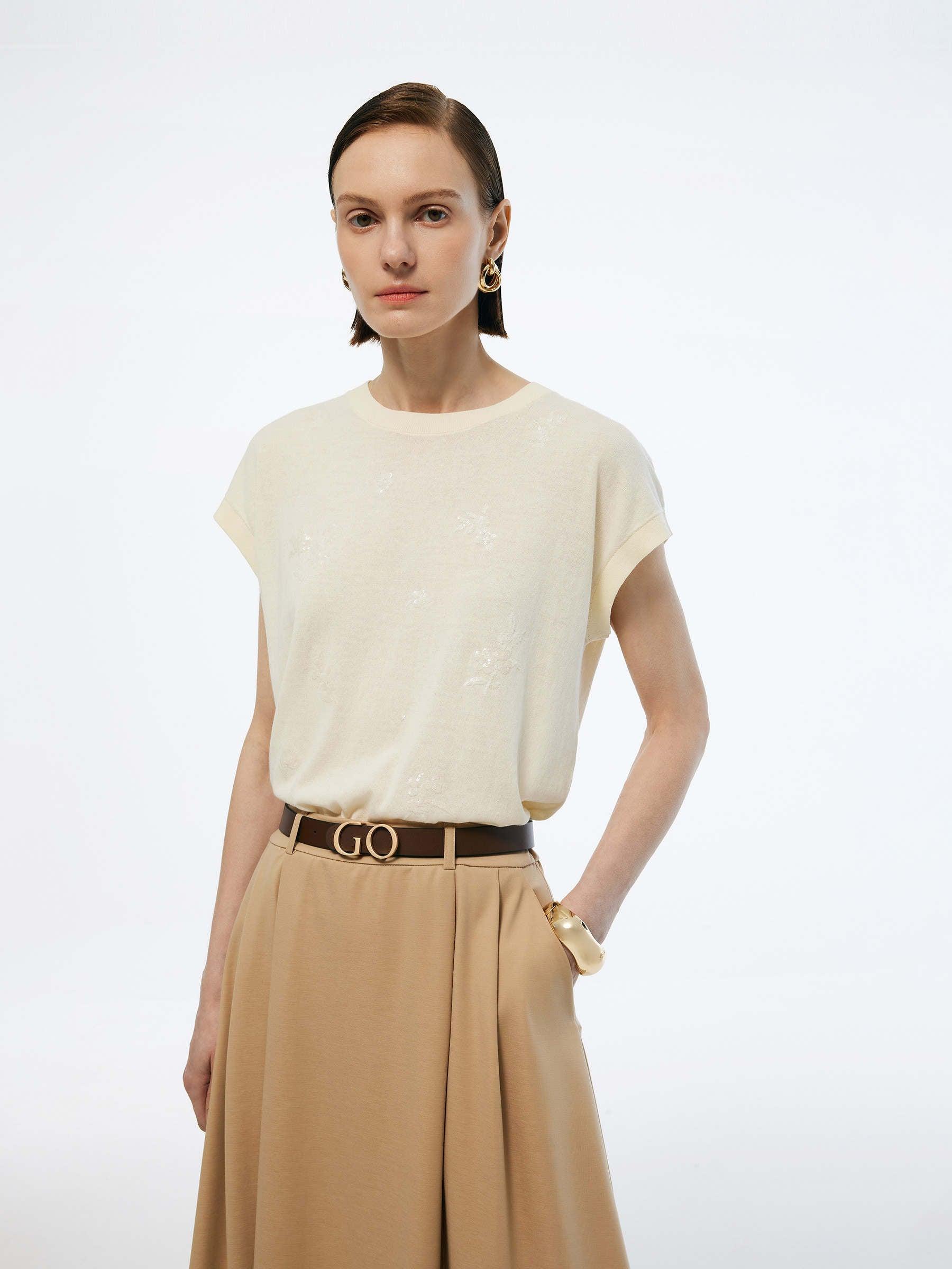 100% Cotton Sequined Embroidered Women Stretchy Knit Top Product Image