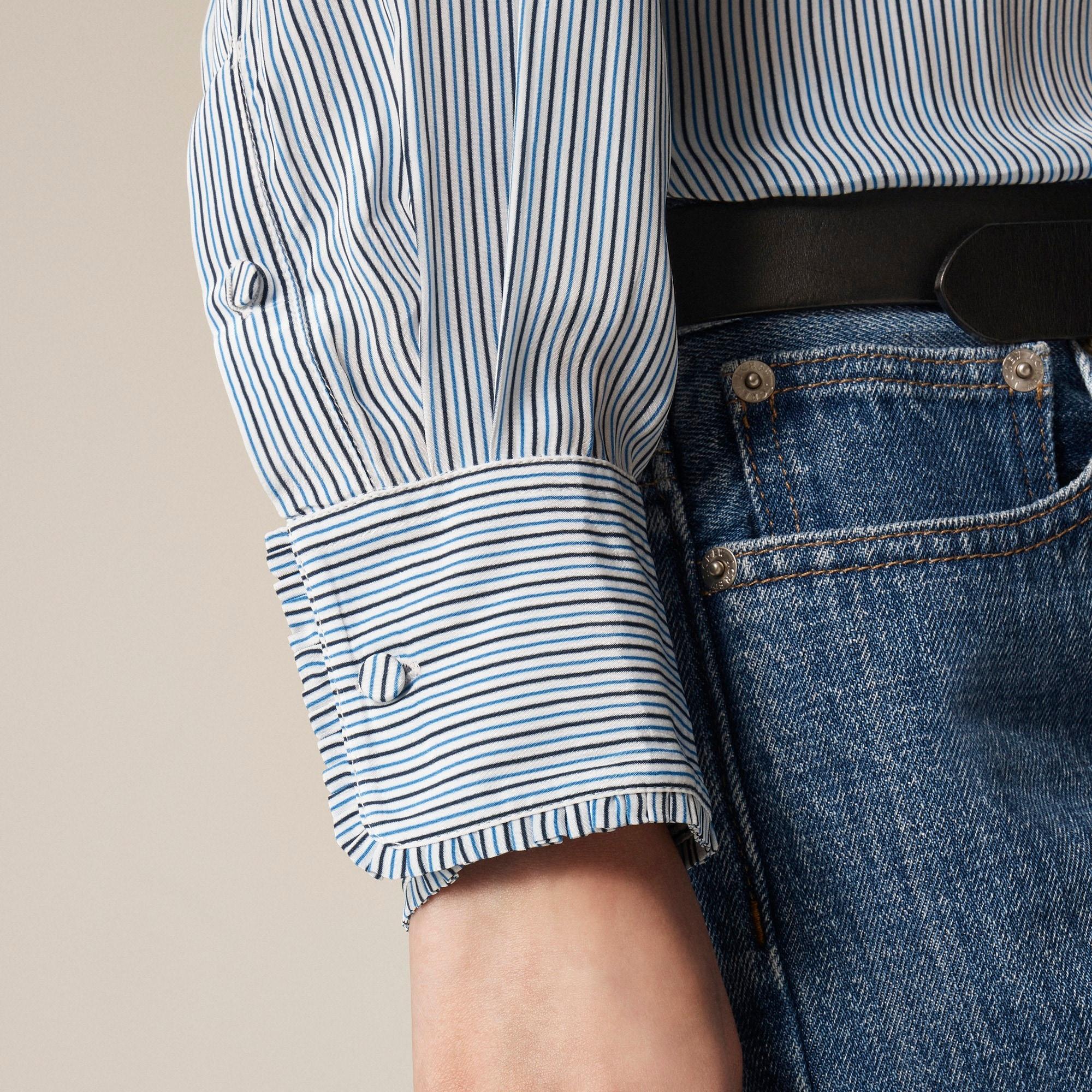 Removable tie-neck button-up shirt in striped crepe de chine Product Image