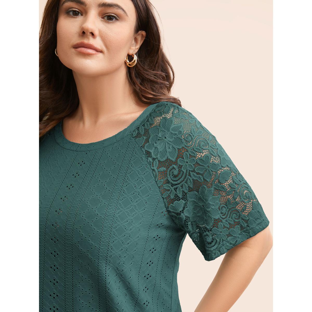 Plus Size Solid Broderie Anglaise Lace Raglan Sleeve T-shirt Cyan Women Elegant See through Plain Round Neck Everyday T-shirts BloomChic 18-20/2X Product Image