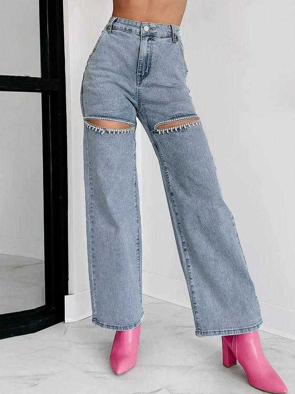 High Waisted Straight Leg Ripped Split-Joint Jean Pants Bottoms Product Image