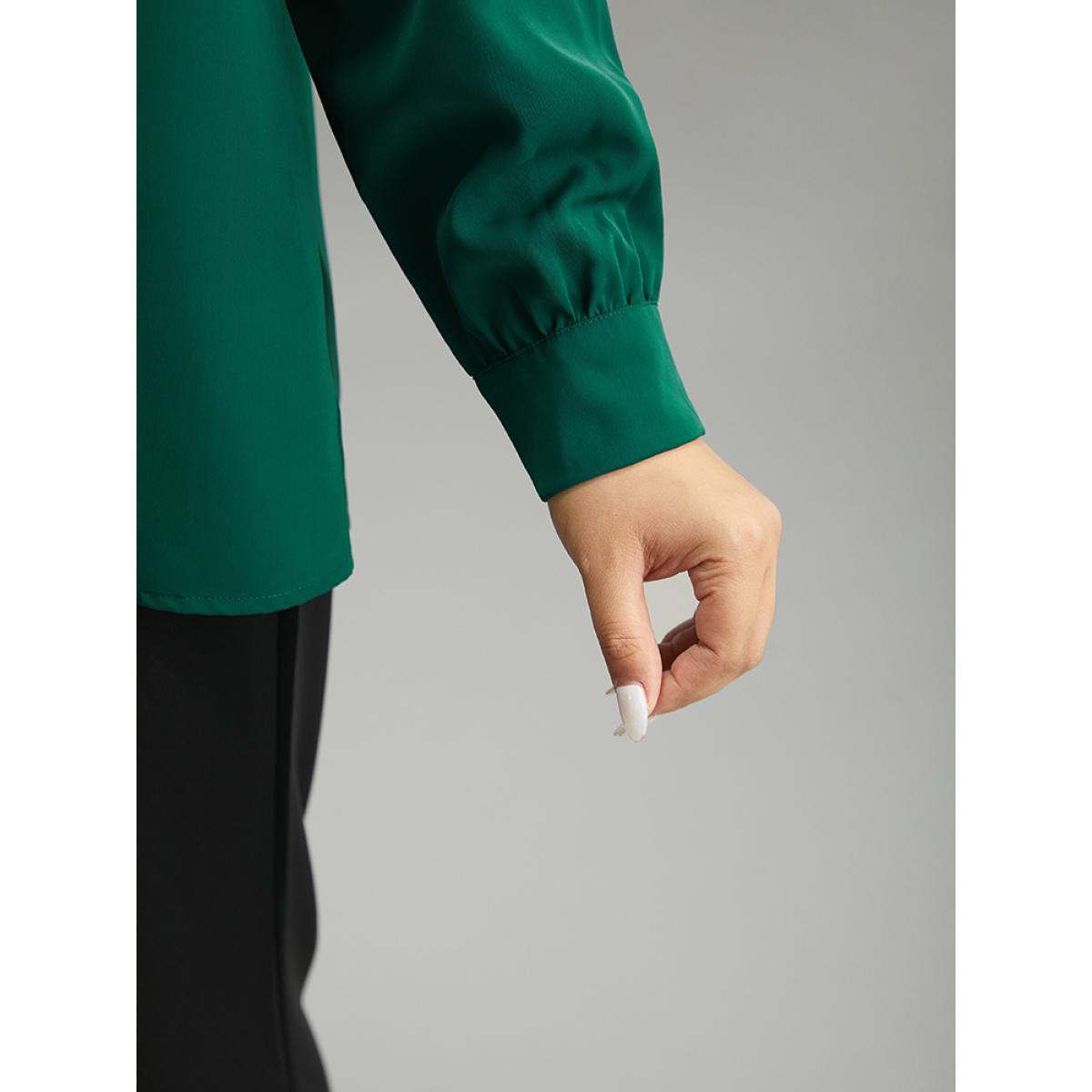 Plus Size DarkGreen Static-Free Button Detail Pleated Blouse Women Office Long Sleeve V-neck Office Blouses BloomChic 18-20/2X Product Image