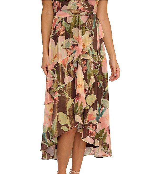 Adrianna Papell Petite Size Chiffon V-Neck Floral Print Short Sleeve High-Low Wrap Midi Dress Product Image