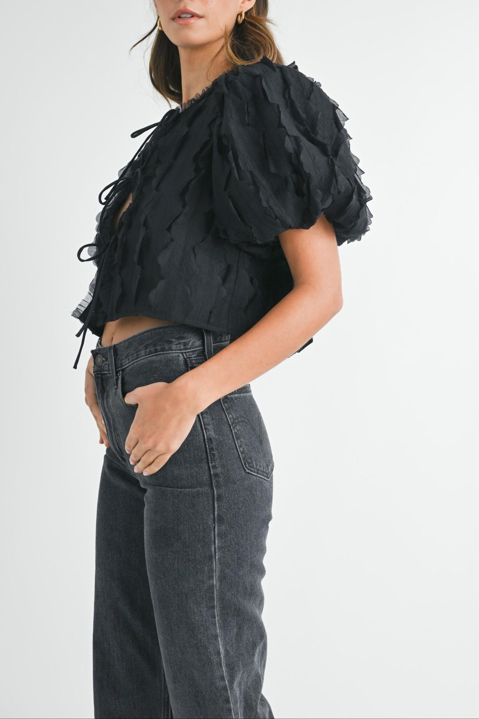 Textured Scallop Puff Sleeve Blouse Top Product Image