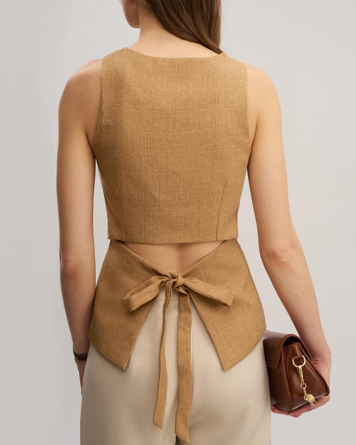 Khaki V Neck Cutout Button Vest Product Image
