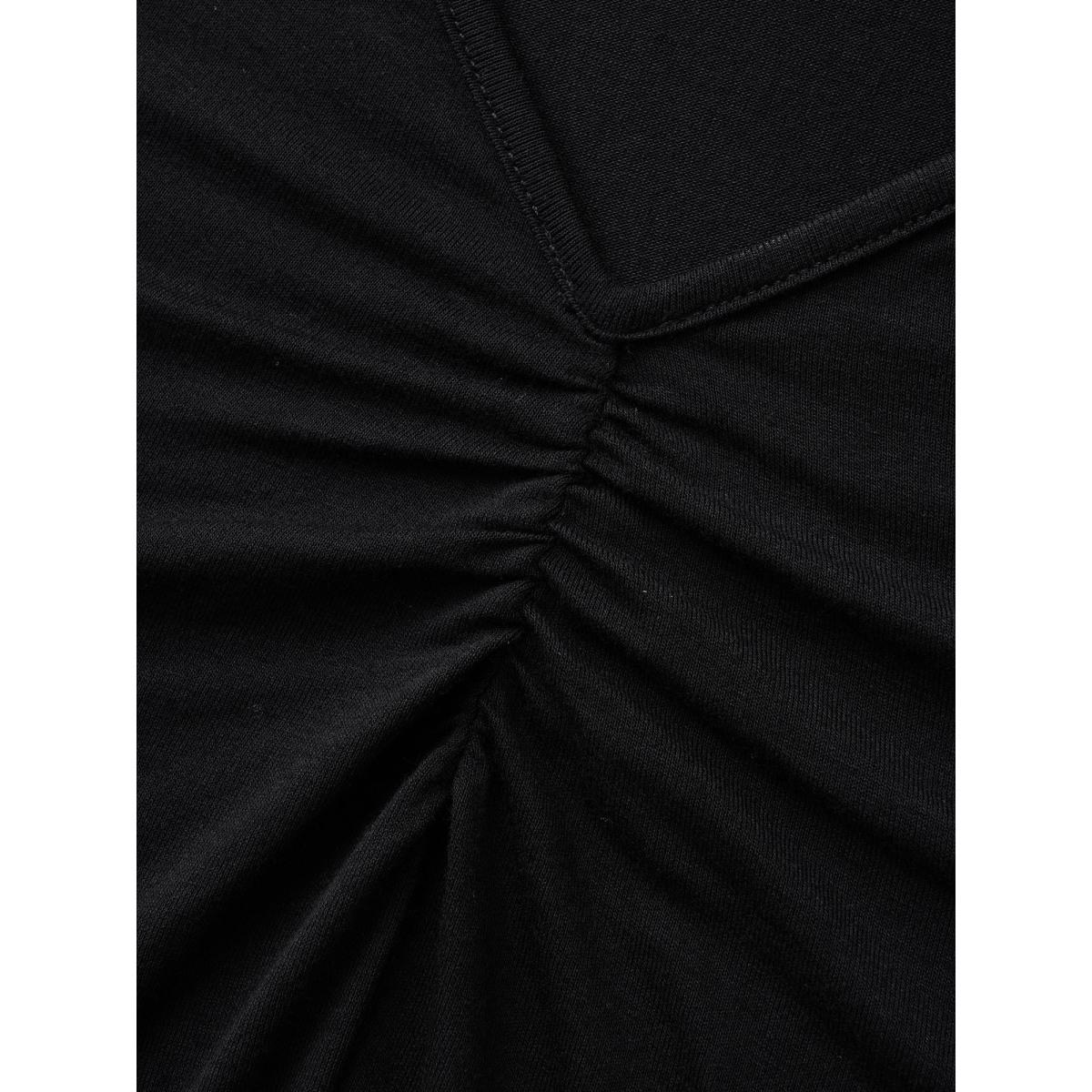 Plus Size V Neck Mesh Patchwork Ruched T-shirt Black Women Elegant Gathered Heart neckline Skinny Everyday T-shirts BloomChic 14-16/1X Product Image