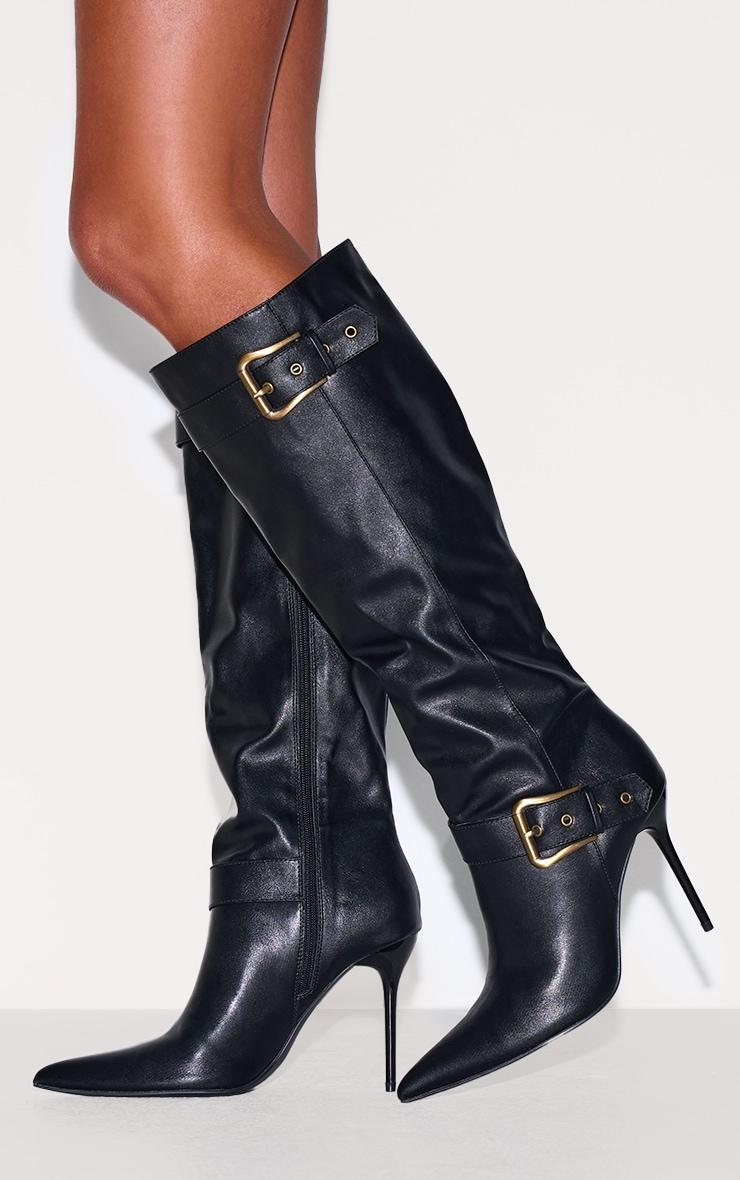 Black PU Knee High Point Toe Buckle High Stiletto Knee High Boots Product Image