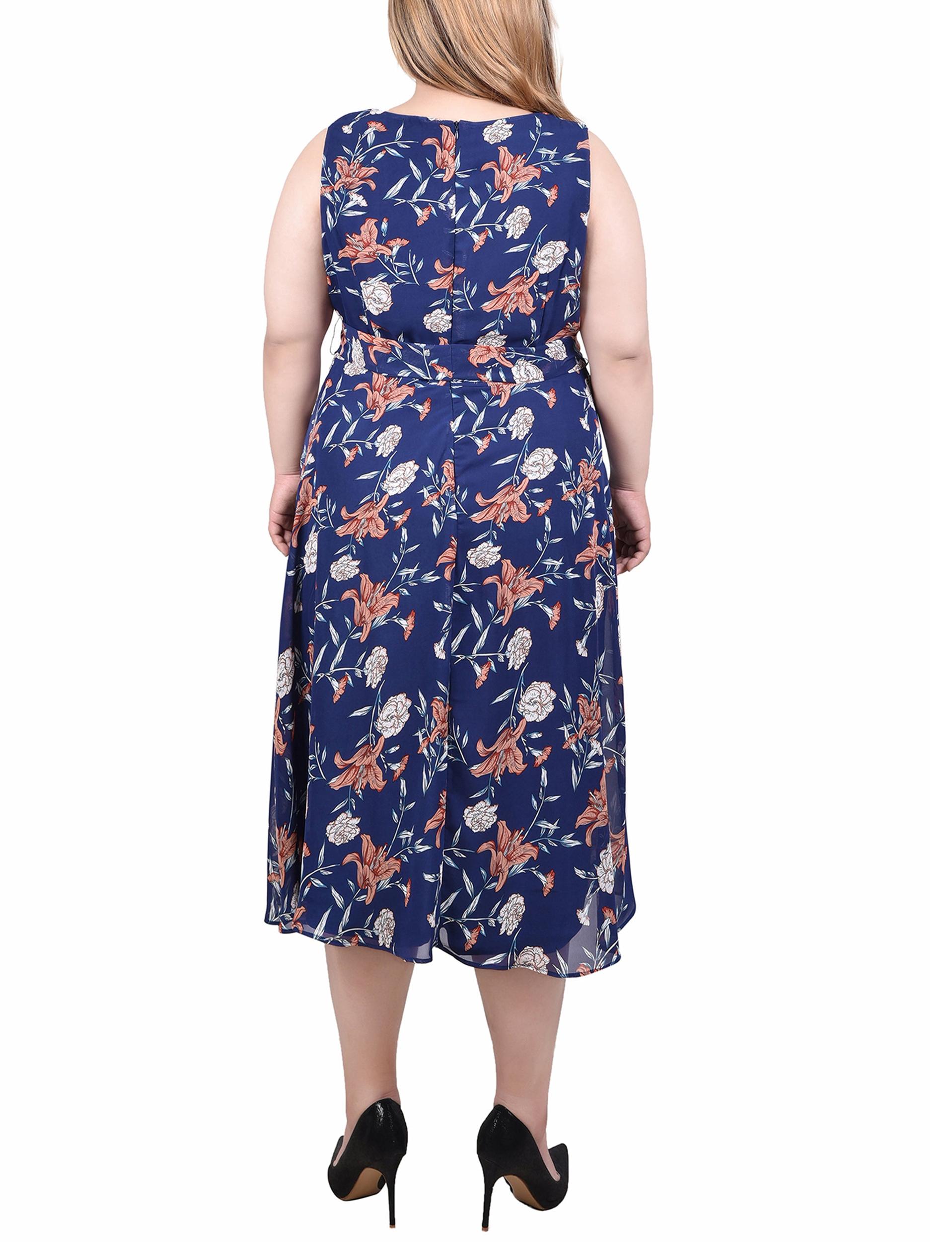Navy Floral Sleeveless Chiffon Belted Dress - Plus Product Image