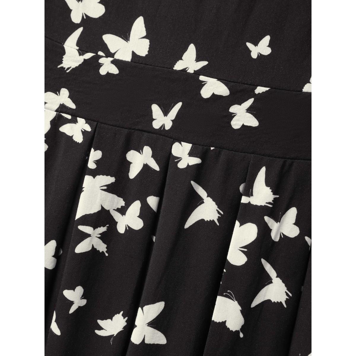 Plus Size Rayon Monochrome Butterfly Stretchy Midi Dress BlackFlower Women Timeless Boat Neck Cap Sleeve Curvy BloomChic 22-24/3X Product Image