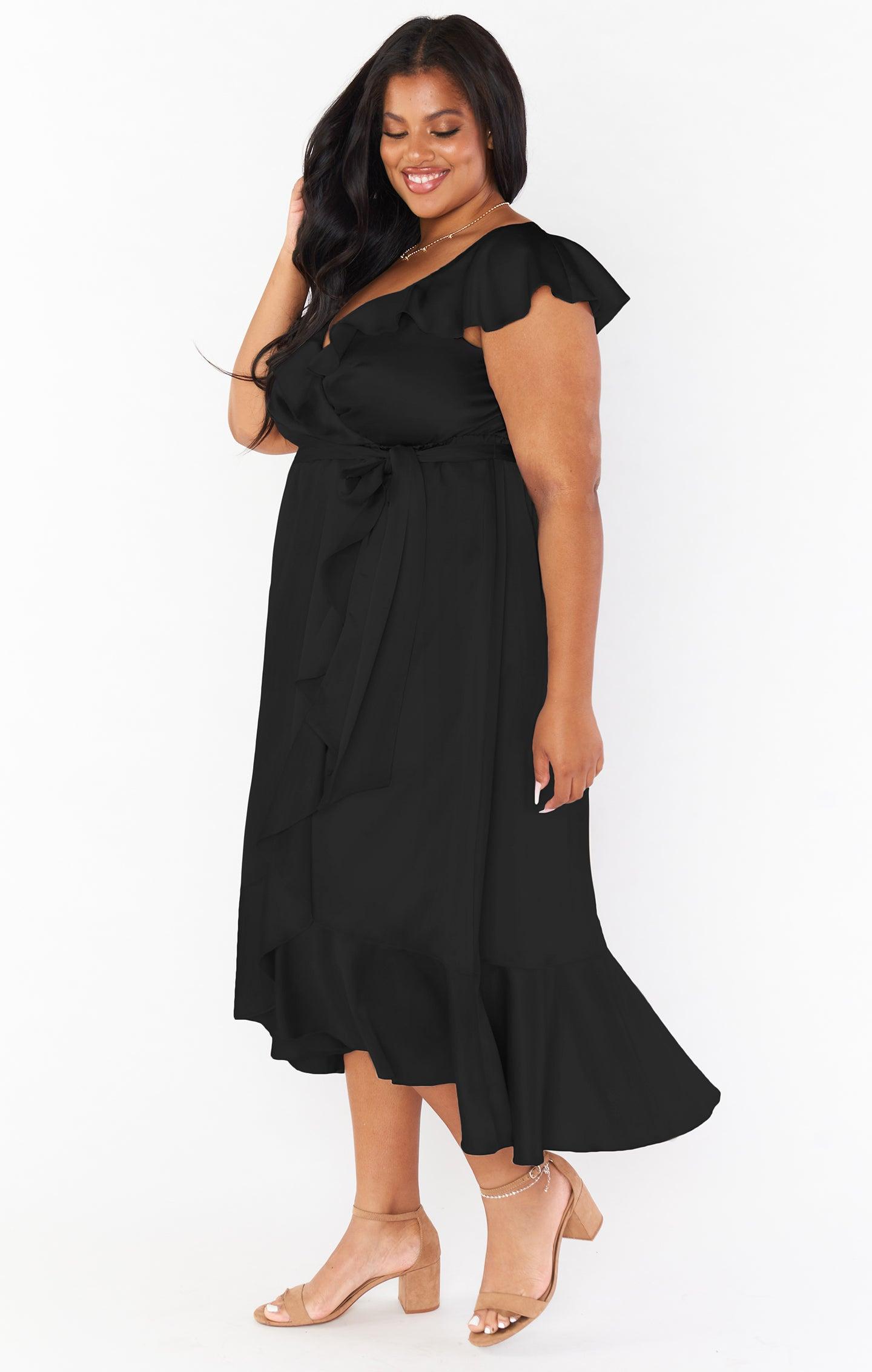 Samantha Ruffle Wrap Dress ~ Black Luxe Satin Product Image