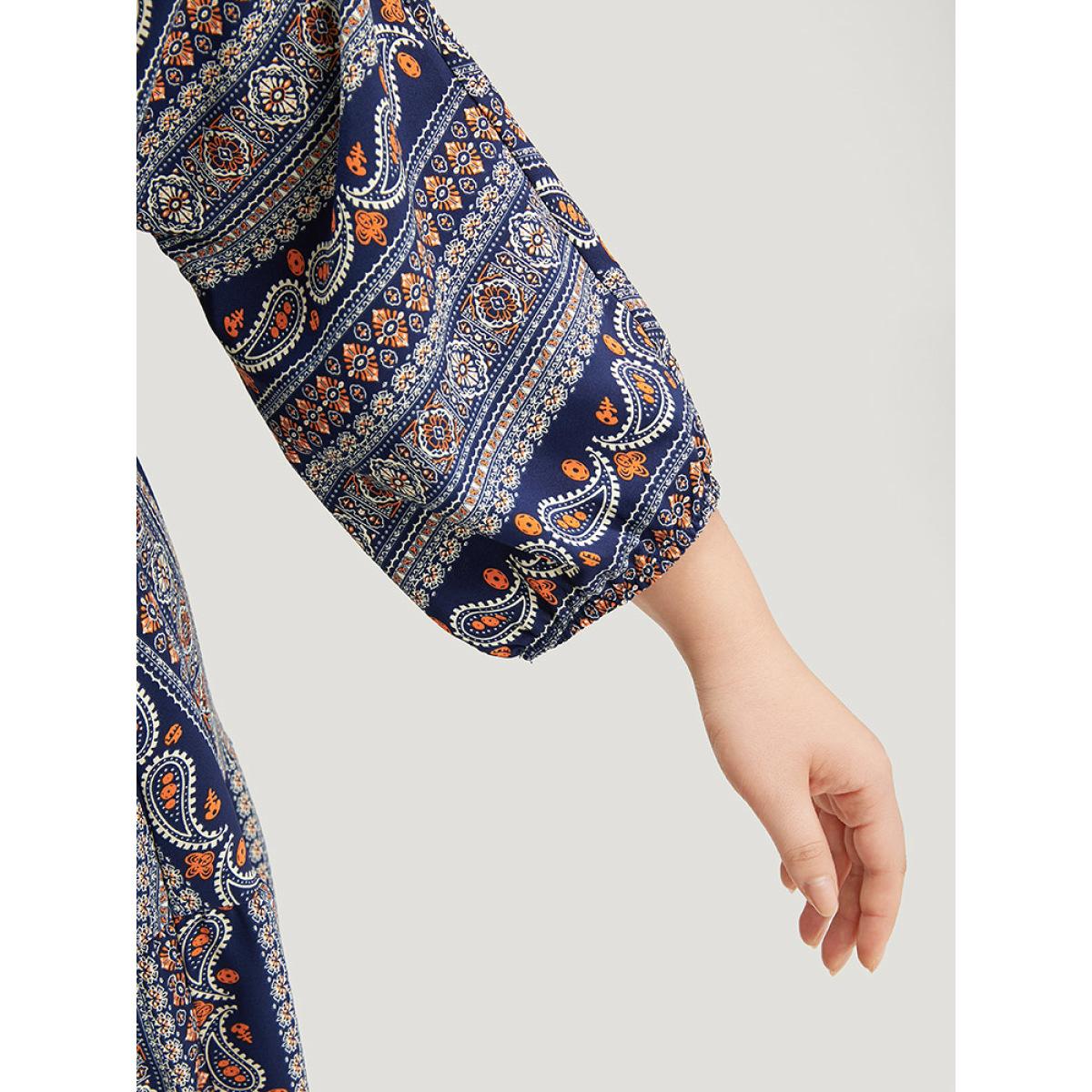 Plus Size Bandana Print Elastic Cuffs Layered Hem Dress DarkBlue Women Vacation Elastic cuffs V-neck Elbow-length sleeve Curvy Midi Dress BloomChic 22-24/3X Product Image