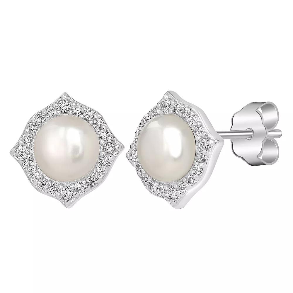 Gemistry Sterling Silver Freshwater Cultured Pearl & Cubic Zirconia Fancy Border Stud Earrings, Women's Product Image