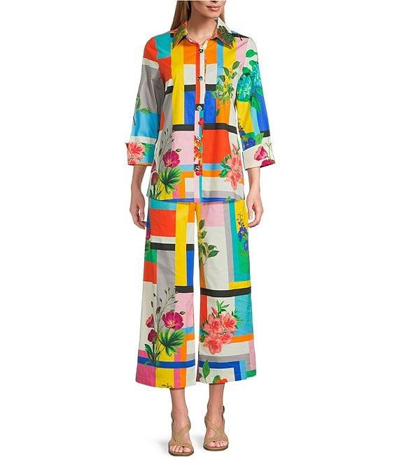 IC Collection Colorblock Floral Print Collar Neck Long Sleeve Blouse Product Image