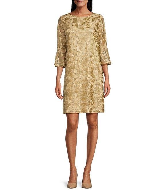 Caroline Rose Bella Soiree Embroidered Mesh Lace 3/4 Bell Sleeve Shift Dress Product Image